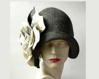 Gray Felted Cloche Hat, Handmade Wool Art Deco 1920s Style