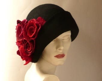 Cloche felt hat, felted hat ,black hat,felt hats,Cloche Hat 1920 Hat, Art Hat, Cloche hats, Victorian hat,1920's  Women's hat, Red roses