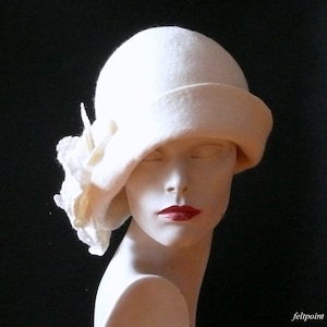 White Felt Cloche Hat  Handmade Vintage Style Wool Hat with Flower for Wedding, Winter or Elegant Occasions