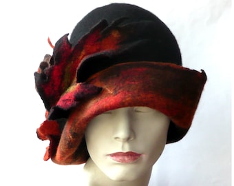 Handmade Felt Cloche Hat, Black & Red Wool, 1920s Art Deco Style