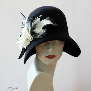 Black cloche hat  Felted hat felt hats Womens hat Cloche Hats felted hats, Art Deco Retro hat Victorian hat, Gatsby hat, Miss Fisher hat