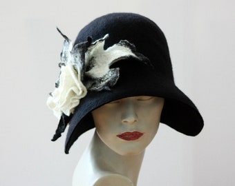 Black cloche hat  Felted hat felt hats Womens hat Cloche Hats felted hats, Art Deco Retro hat Victorian hat, Gatsby hat, Miss Fisher hat