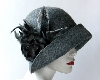 Handmade Felt Cloche Hat: Gray Art Deco 1920s Flapper Style