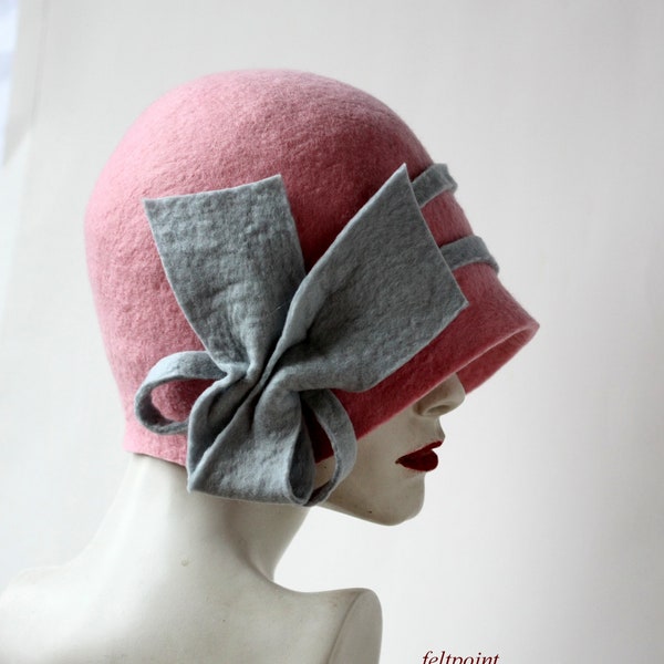 Handmade Pink Wool Felt Cloche Hat: 1920s Flapper Style