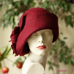 Burgundy Felt Cloche Hat: Handmade Merino Wool, 1920s Style