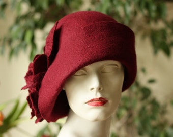Burgundy Felt Cloche Hat: Handmade Merino Wool, 1920s Style