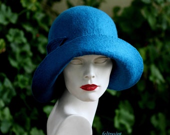 Blue cloche hat, Millinery hat, Felt hat, Felted Hats,  Flapper hat, 1920 Hat, Art Hat, 1920's hat, blue hat, Mrs Fisher hat, Art Deco hat