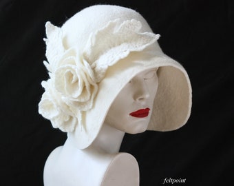 Handmade White Merino Wool Felt Cloche Hat, Art Deco Gatsby Style