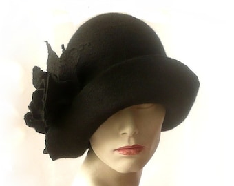 Black felt hat felt Cloche hat felted hat Hat 1920 Hat Art  Black Hat Cloche Victorian 1920's Women's hat roses Downton Abbey hats