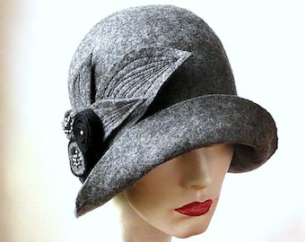 Gray Felt Cloche Hat, Handmade Merino Wool 1920s Flapper Style