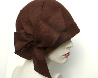Brown Felt Cloche Hat, Handmade Victorian Style, 1920s Flapper