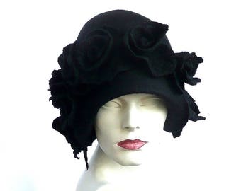 Black felt hat, felted hat, black hat, felt hats, Cloche Hat,1920 Hat,Black Hat Cloche, Victorian 1920's, black roses,black cloche