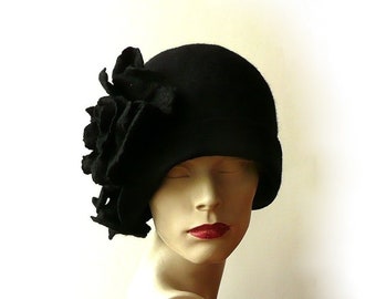 Black cloche hat Felted  Hat felt hat Cloche Hat 1920 Hat Art Black Hat Cloche Victorian 1920's  Wool Women's hat Jazz Age