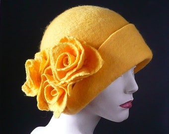 Yellow felt Hat,Yellow Felted Hat,Cloche Hat, 1920 Hat,Art Hat, Cloche hat,Millinery cloche,Millinery hat,Unique Hat, Felt hat