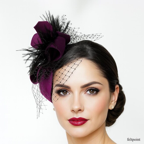 Purple Felt Fascinator With Veil and Feathers – Elegant Bow  display picture 2