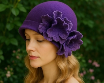 Elegant Purple Felt Cloche Hat with Floral Detail