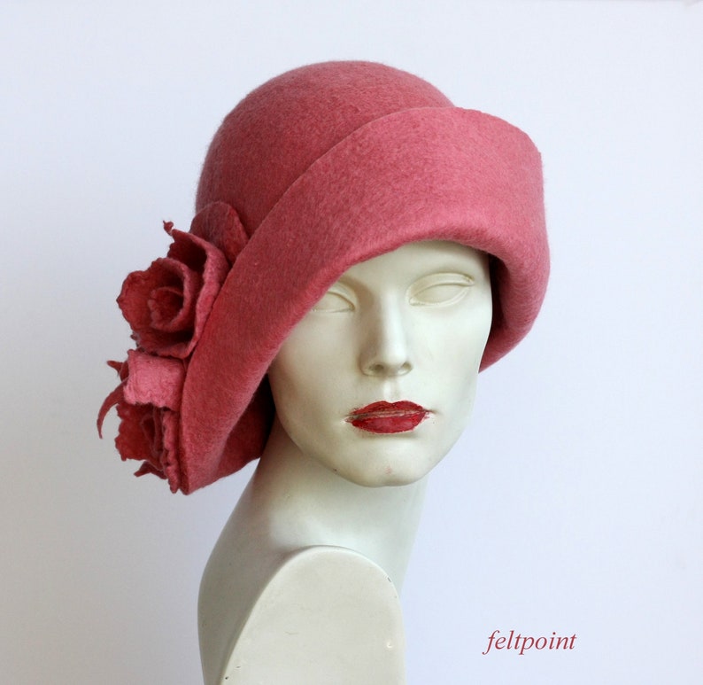 Dusky pink hat Felted hat felt hats Women's hat Cloche Hats felted hats 1920s hat Retro hat Pink Hat Victorian 1920's roses hats FELTPOINT image 6
