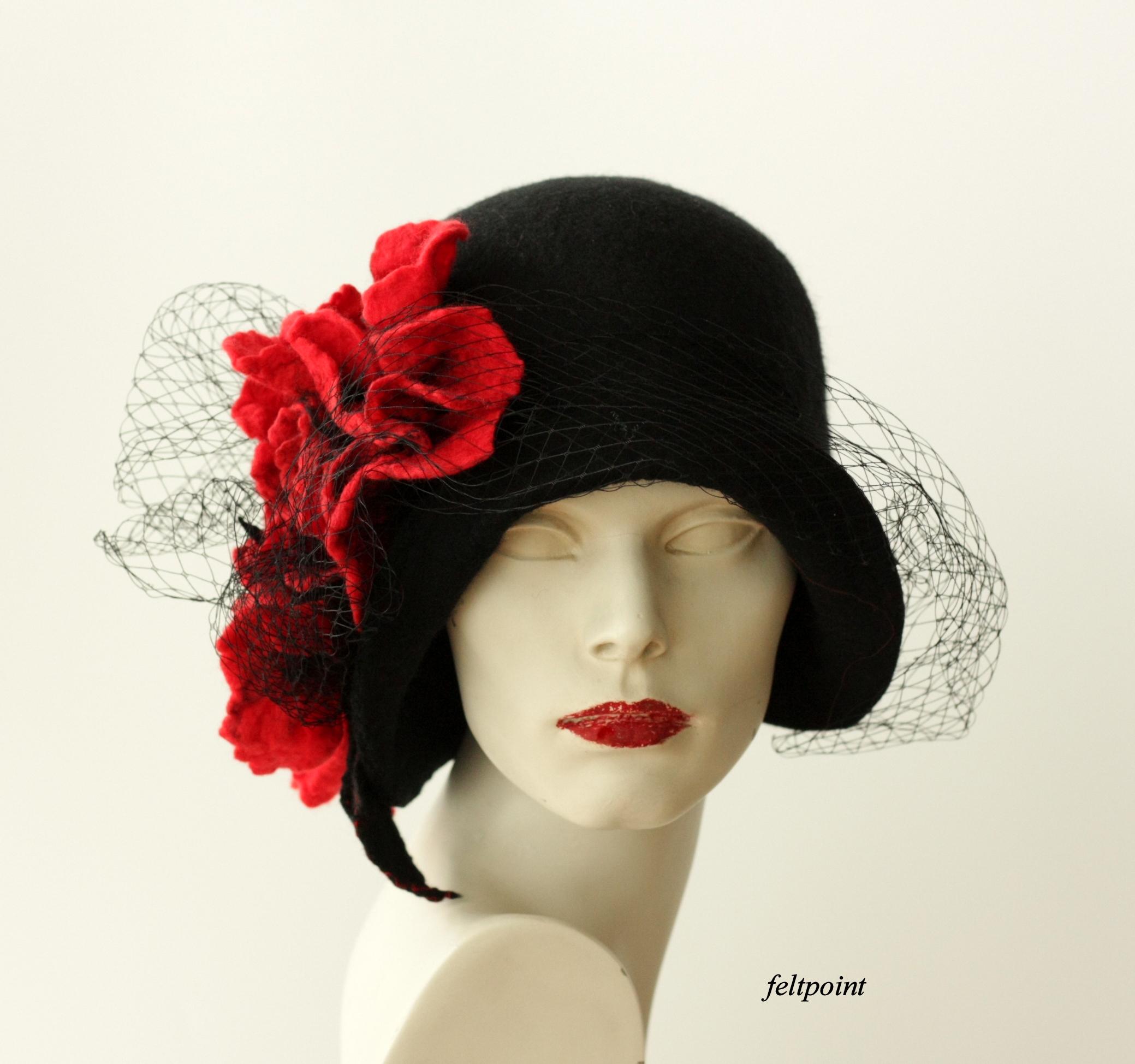 Black Wool Felt Cloche Hat Vintage 1920s Style Flower Polka Dot Tulle Netting Black Felt Cloche Hat – Red Flowers & Veil, 1920s Style - Etsy main image 3