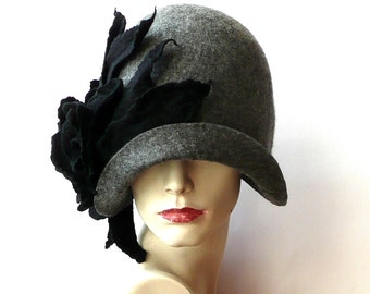 Designer Black Women\'s Cloche Hat with Gray Rose Accent vintage-rosie-cloche-hat-chemo  main image 3