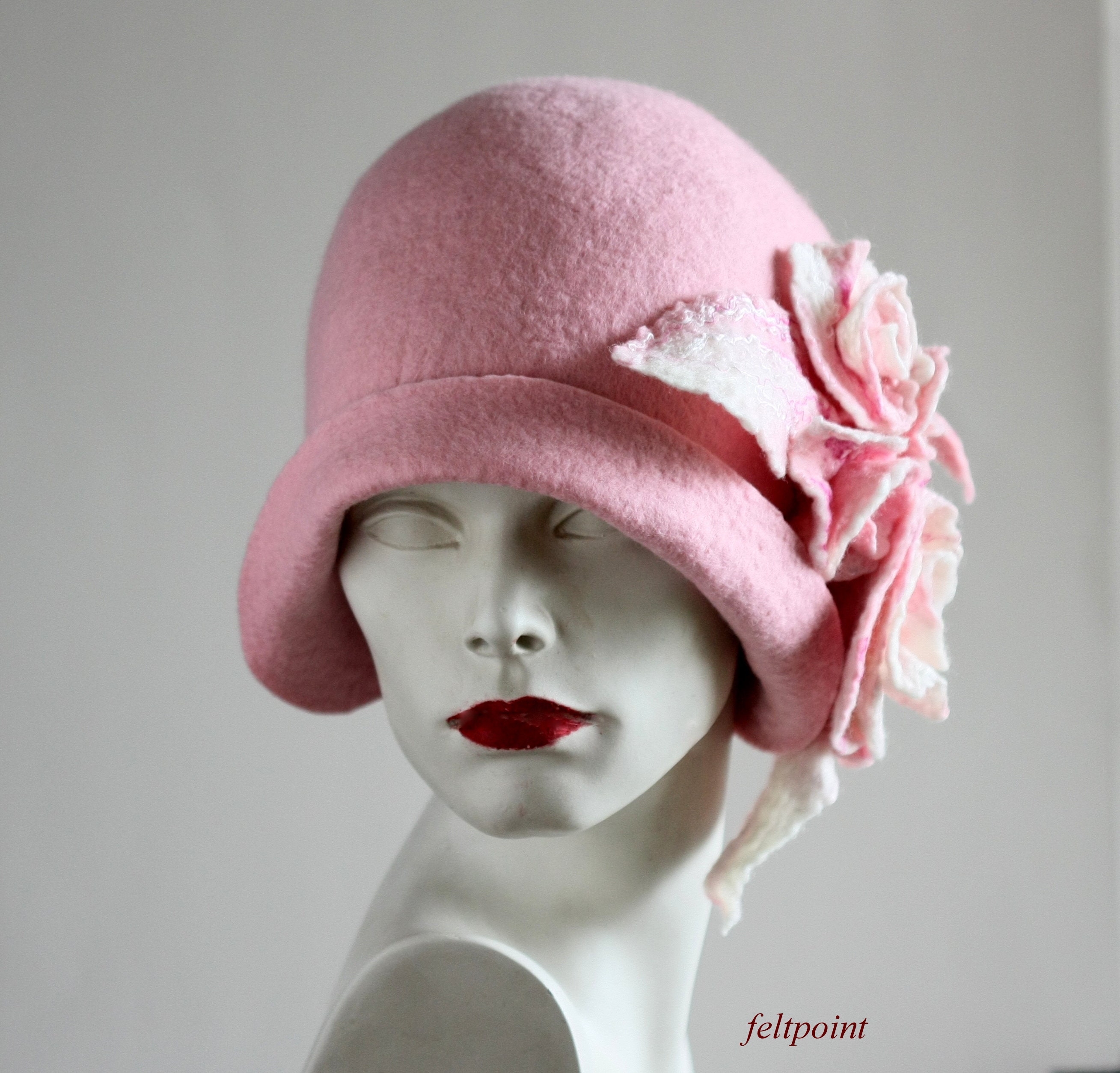 Pink Felt Cloche Hat for Women – Handmade Floral Winter Hat 