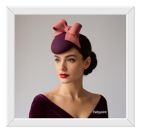 Women’s Maroon Wool Pillbox Fascinator Hat - Classic Headpiece Pillbox Hat Fascinator Beret Wedding Party Top Hat Church  main image 3