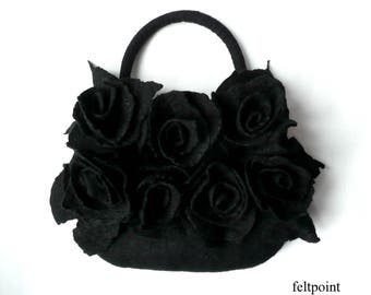 Black Felt bag, Felted bag, felted handbag, Felt Bags, Black Bag, Felt Purse,flower bag handbag art wet felted bag boho roses,Black Felt Bag