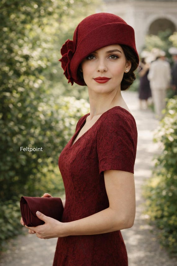 Vintage Red Wool Felt Cloche Hat | Easter High Tea Church Derby Fascinator Vintage Women main image 4