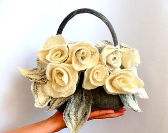 Felt bag, Felted bag, felted handbag, Felt Bags, Grey Bag, Felt Purse, unique flower bag handbag art wet felted bag boho roses,Grey Felt Bag