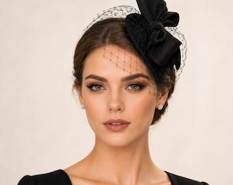 Black Fascinator Hat with Veil, Sculptural Bow, Felt Headpiece, Ascot Formal Occasion
