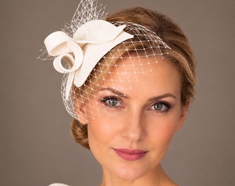 Ivory Wedding Fascinator with Veil, Handmade Felt Bridal Cocktail Hat