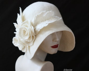 Handmade White Merino Wool Cloche Hat, Art Deco Style