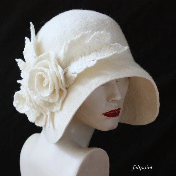 Occasional white hat,cloche hat Ladies hat felt hats Womens hat Cloche ,Hats,Art Deco Retro hat Victorian hat, Gatsby hat, Miss Fisher hat