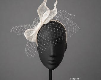 Chapeau bibi ivoire pour mariée, coiffe de mariage en sinamay, voile cage à oiseaux, chapeau de derby Ascot