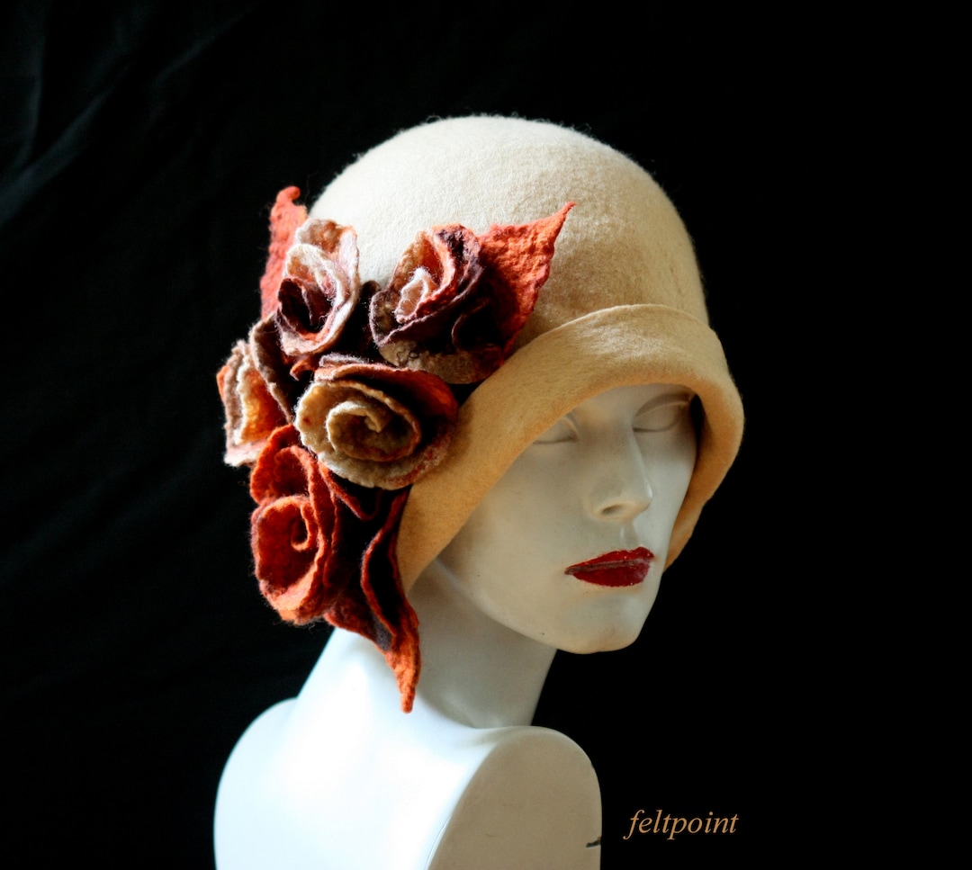 Chic Beige Embroidered  Beaded Cloche Hat Flapper Style Linen Cloche Hat with Satin Rose | The Eleanor  main image 2