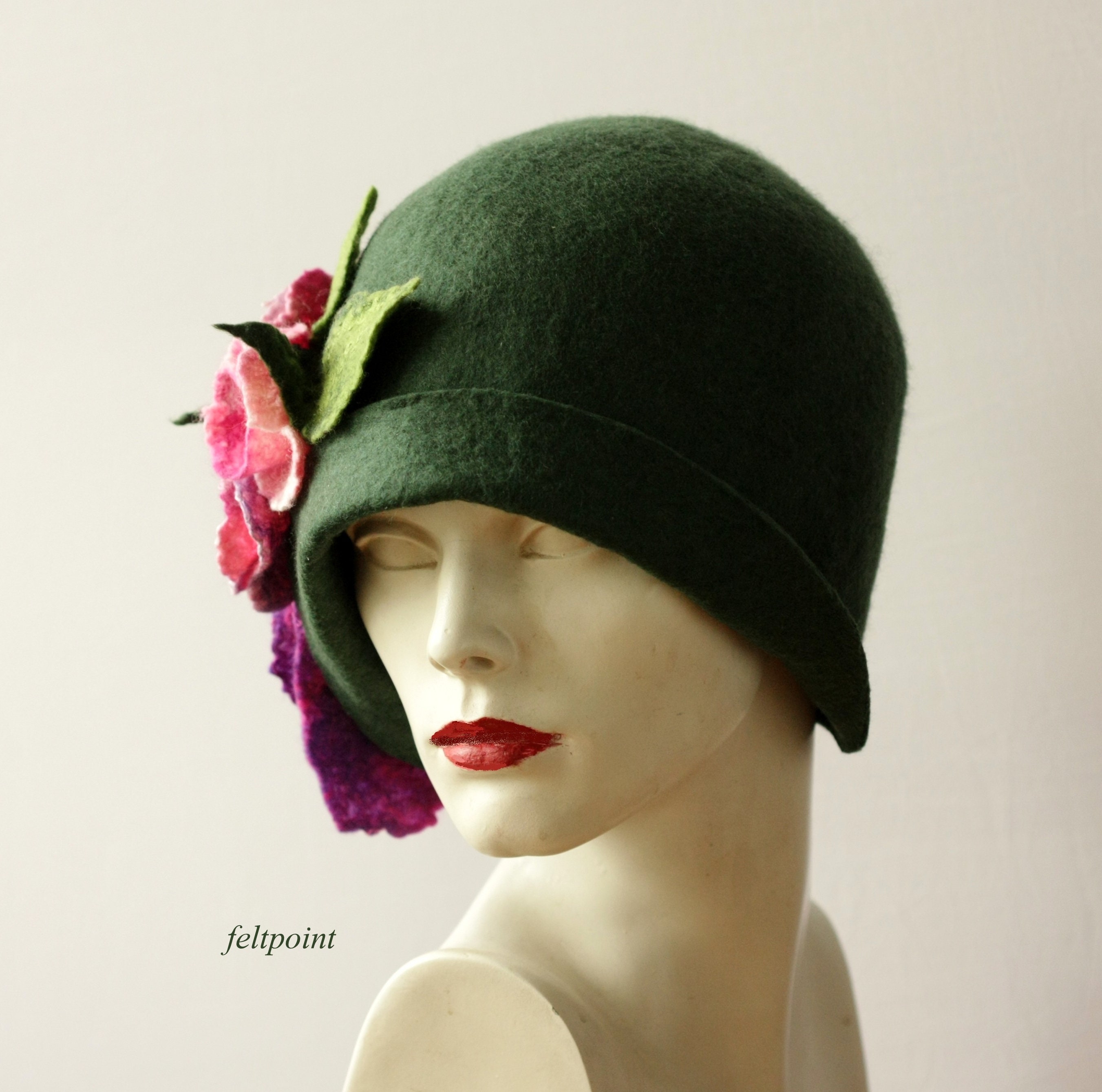 Handmade Felted Cloche Hat, Dark Green With Pink Roses, Art 