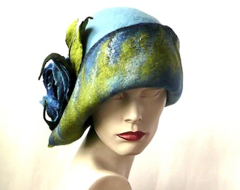 Blue felt hat, felt cloche hat, felted hat, 1920 Hat, Cloche Victorian,1920's,Women's hat, Downton Abbey hat, hats, FELTPOINT