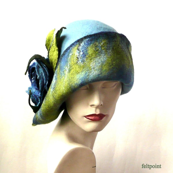 Chapeau en feutre bleu, chapeau cloche en feutre, chapeau feutré, chapeau 1920, cloche victorienne, années 1920, chapeau pour femme, chapeau Downton Abbey, chapeaux, FELTPOINT