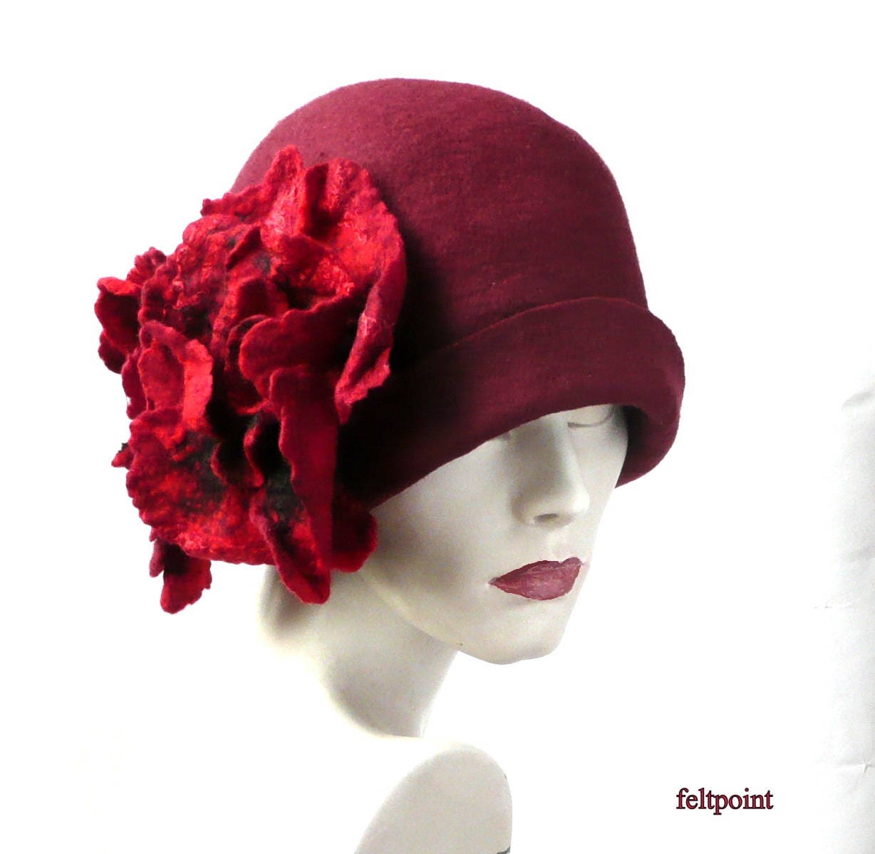 Timeless Vintage Style 1920s Hand Made England Cloche Burgundy Wool Felt Hat 1930s Burgundy Felt Wool Cloche Hat – Ian Drummond Vintage main image 4
