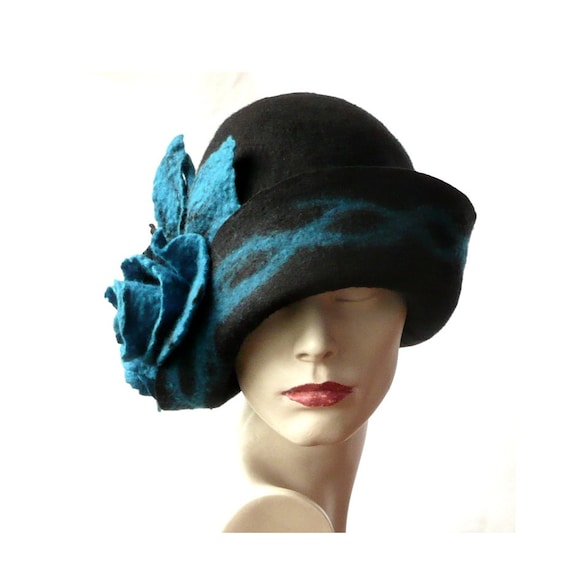 Handmade Felted Cloche Hat - Black Wool, Floral Accent - Etsy display picture 2