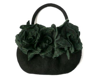 Black Felt bag, Felted bag, felted handbag, Felt Bags, Black Bag, Felt Purse,flower bag handbag art wet felted bag boho green roses