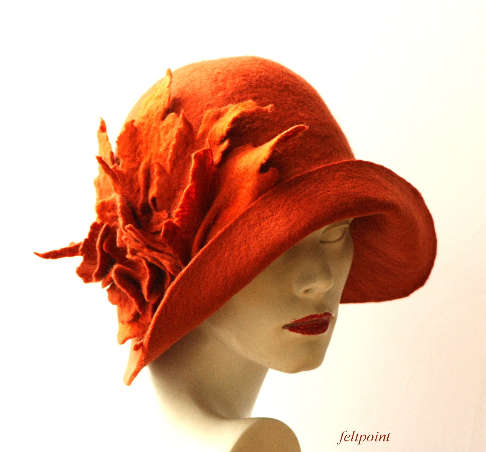 Vintage Style Wool-Feel Cloche Hat Rust Feather Detail - AS IS Vintage Brown Wool Cloche With Feathers and Veiling - Etsy main image 2
