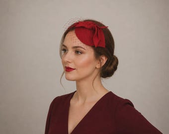 Burgundy Felt Fascinator, Red Bow Veil, Wedding Guest Hat, Formal Occasion Headpiece