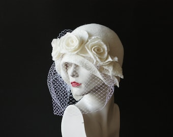 Wedding Veiling hat. White cloche hat with veil