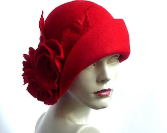 Felt hat, Red Felted Hat, Cloche Hat, FELTPOINT   Red cloche hat, 1920 Hat,Art Hat, Cloche hat, Millinery hat,Unique Hat,Woman hat