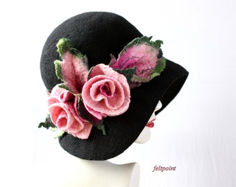 Black Cloche Hat Felted Hat Felt Hats Womens Hat Cloche Hats  display picture 1