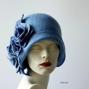 Blue  Hat felt hat Cloche Hat Flapper 1920 Hat Art Blue Hat Cloche Victorian 1920&#39;s  Wool Women&#39;s hat Vintage style