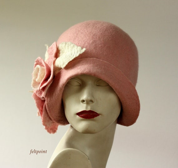 Winter Hat Cloche Hat Felt Pink Hat Wool Flower Hat Felt  display picture 3