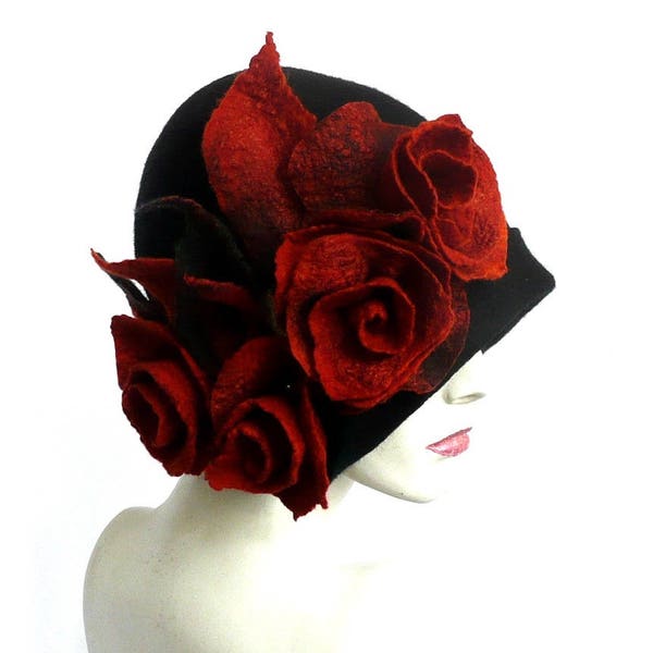 Cloche felt hat, felted hat ,black hat,felt hats,Cloche Ha,t 1920 Hat, Art Hat, Cloche hats, Victorian hat,1920's  Women's hat, Russet roses