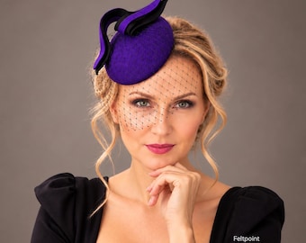 Purple Felt Fascinator with Birdcage Veil, Black Bow, Wedding & Race Day Hat