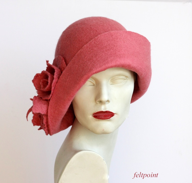 Dusky pink hat Felted hat felt hats Women's hat Cloche Hats felted hats 1920s hat Retro hat Pink Hat Victorian 1920's roses hats FELTPOINT image 8